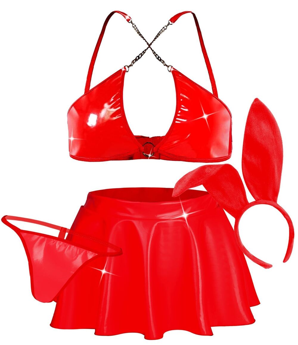 5942 Rave Outfits Sets Bunny Cosplay Leather Babydoll 4Pcs Adjustable Strap